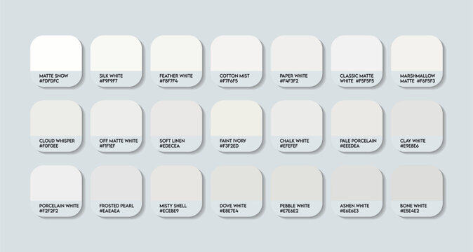 Peo White Color Guide Palette with Color Names. Catalog Samples Peo White with RGB HEX codes and Names. Peo Colors shades Vector, Original Peo White Color Palette, Newly Fashion Trend White colors