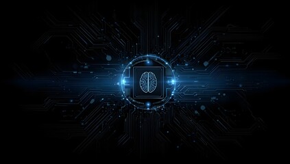 Abstract glowing digital brain circuit board with futuristic blue light effects and intricate technological patterns isolated on transparent background