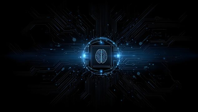 Abstract glowing digital brain circuit board with futuristic blue light effects and intricate technological patterns isolated on transparent background