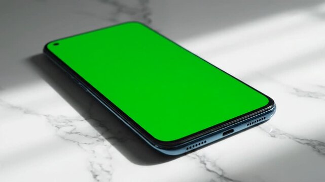 A smartphone with a green screen lies on a white marble surface with shadows cast by natural light.
