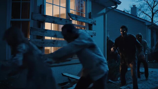 zombies attacking boarded up house window at night