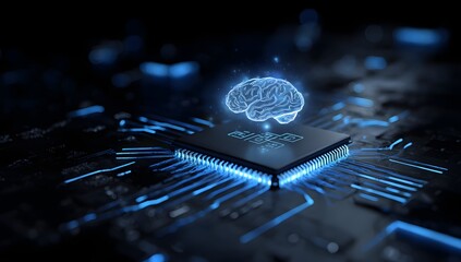 Futuristic glowing digital brain circuit board with blue light emanating from microchip and pathways isolated on transparent background