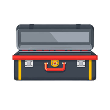 Opened Tool Box Graphic Illustration Featuring Black Body Yellow And Red Details And Silver Latch
