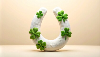 White textured horseshoe with green four-leaf clovers on beige background, symbolizing luck and tradition.