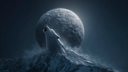 Wolf howling at moonlit mountain