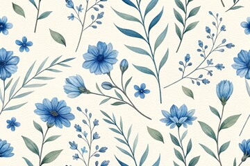 A Charming Watercolor Pattern Featuring Delicate Blue Flowers and Green Foliage on a Creamy Background