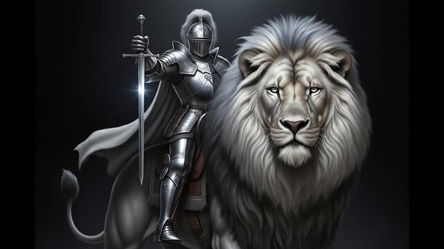 Knight in shining armor on majestic lion against a dark background