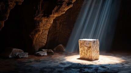 Illuminated Stone Block in a Mysterious Cave with Dramatic Light Rays and Shadows