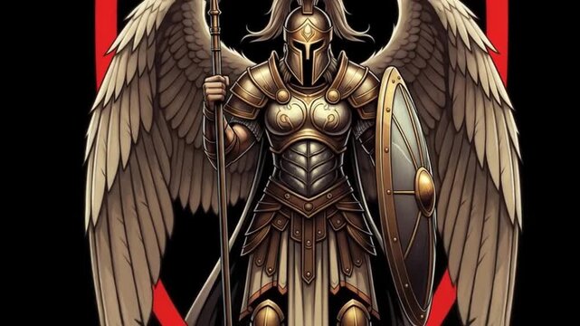 Winged warrior in armor holding spear and shield black background
