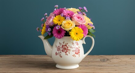 Vibrant floral arrangement spills from a decorated teapot, set against a teal backdrop on wood