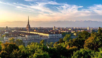 Fototapeta premium Turins skyline at sunset - Mole Antonelliana and urban panorama.