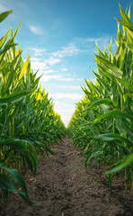 Obraz premium Vibrant green cornfield under a bright blue sky with soft clouds, capturing rural agriculture, growth and the natural beauty of farming landscapes in summer.
