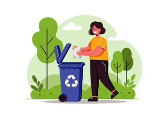 A woman throws crumpled paper into a blue recycling bin with a recycling symbol, set against a backdrop of green trees and foliage.