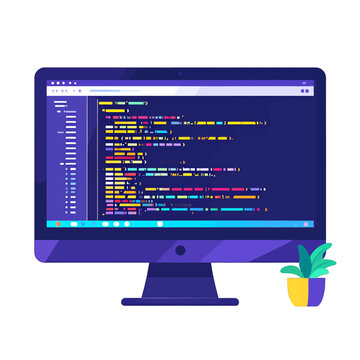 Computer Screen Displaying Code with a Teal Plant in a Yellow Pot on a White Background
