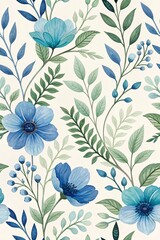 Fototapeta premium Enchanting Watercolor Blue Floral Pattern With Delicate Greenery and Lush Foliage Designs