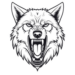 Aggressive Wolf Head with Open Mouth in Detailed Line Art on White Background Depicting Anger and Ferocity Perfect for Wildlife Illustration and Tattoo Design