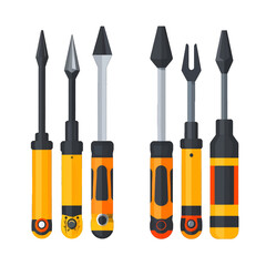 Arrangement of Orange and Gray Handled Screwdrivers on White Background