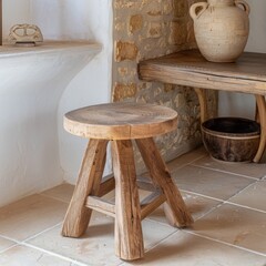 Rustic wooden stool and pottery in a cozy interior with natural stone walls and terracotta tiles
