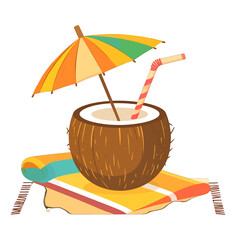 Coconut Drink with Striped Umbrella and Straw on Beach Towel