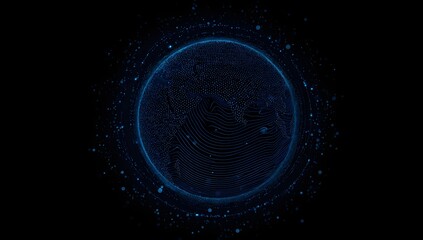 Abstract glowing blue digital data sphere with intricate network connections and particles floating around isolated on transparent background