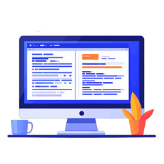 Coding Interface on Computer Screen Display with Application Code in Blue and White Tones near Orange Plant in Pot and Blue Mug on White Background