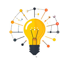 Glowing Yellow Lightbulb Surrounded by Orange Connected Dots on White Background