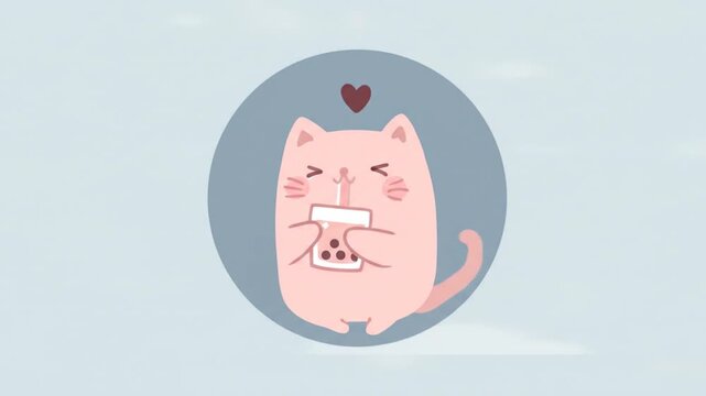 Animated pink cat drinking boba tea inside a blue circle graphic design