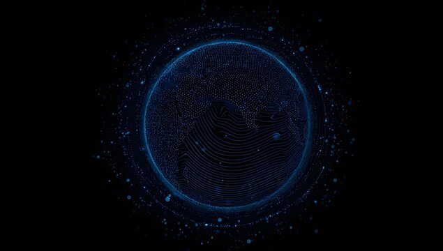 Abstract glowing blue digital data sphere with intricate network connections and particles floating around isolated on transparent background