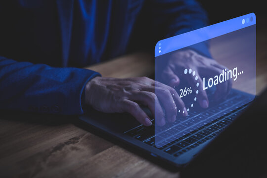 Loading screen concept showing progress bar on laptop computer with male hands typing, symbolizing data upload, software update, internet connection, and digital process progress.