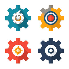 Four Colorful Gear Icons with Target Centers on White Background