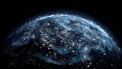 Vibrant glowing celestial sphere with intricate network of illuminated structures and energy lines representing global connectivity and advanced civilization isolated on transparent background