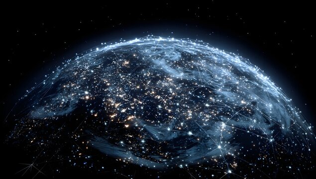 Vibrant glowing celestial sphere with intricate network of illuminated structures and energy lines representing global connectivity and advanced civilization isolated on transparent background