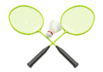 Isolated badminton rackets and shuttlecock symbolizing sport, fitness and recreation