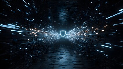 Abstract glowing blue shield emblem radiating light streaks and particles in a dark futuristic tunnel isolated on transparent background