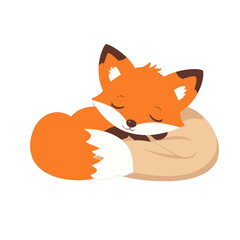 Obraz premium Cute Orange Fox Curled Up Asleep on a Beige Cushion Isolated on White Background Illustration Featuring Dreamy Eyes and a Relaxing Warm Tone