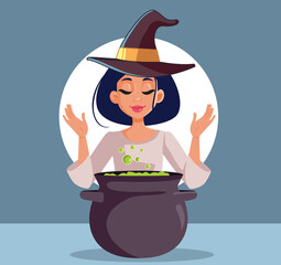 Beautiful Witch Making a Magic Potion in a Cauldron Vector Cartoon. Beautiful woman practicing witchcraft preparing a magical elixir
