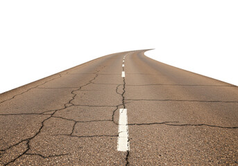 Isolated view of a road with cracked surface and faded lines, extending into the distance