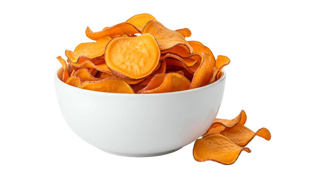 White Bowl Filled with Crispy Orange Sweet Potato Chips on Transparent Background - Powered by Adobe