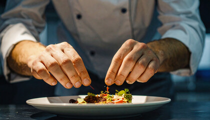 Chef plating gourmet dish in dark kitchen with spotlight on hands