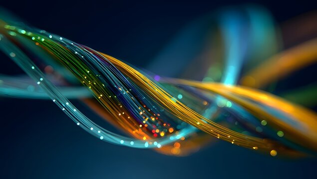 Abstract flowing luminous strands of light with small glowing particles creating a vibrant energetic wave pattern isolated on transparent background