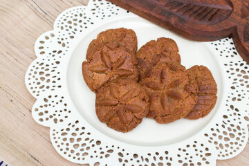 Thekua in plate. Sweet dry mithai popular in bihar.