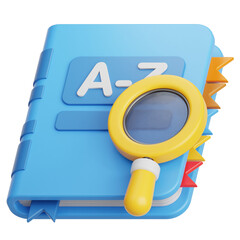 Blue Dictionary With Magnifying Glass Over A-Z Section For Research And Education With Orange And Red Bookmark Tabs