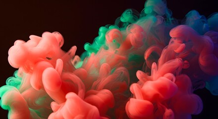 Vibrant, flowing, abstract ink cloud mixing red, green, and blue hues on a dark background