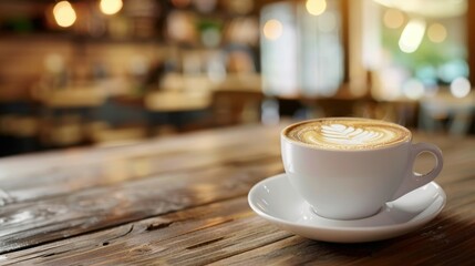 Obraz premium Elegant latte art in a white cup on a rustic wooden table in a cozy setting