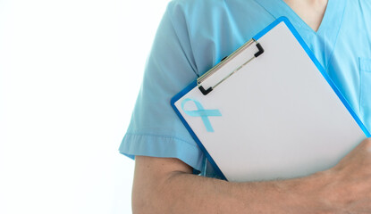 Medical worker man in uniform holding blank document with blue ribbon. Horizontal Banner for...