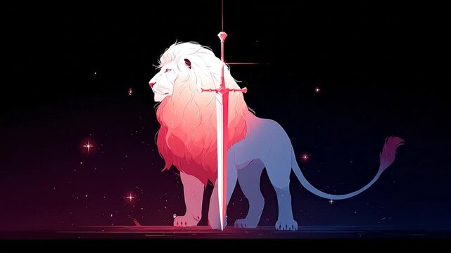 Stylized lion with sword illustration symbol of strength and courage