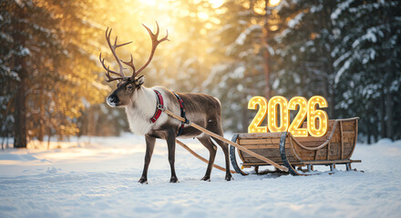 Reindeer pulling sled with year 2026