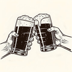 Two beer mug with froth in hands clinking. Glass pint alcohol with foam cheers. Refreshing relax alcoholic drink concept. Vintage retro style illustration for pub design or Oktoberfest festival