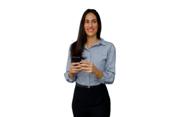 Businesswoman standing, holding smartphone, texting and smiling, corporate communication on transparent background