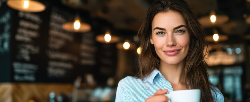 The woman enjoying coffee in a cozy modern cafe with a warm smile